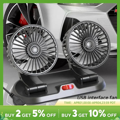 5VCar Fan Cooling Car Fan Dual Head Usb Car Fan 2 Speeds Adjustable Auto Cooler Air Fan Car Accessories Wind Regulation