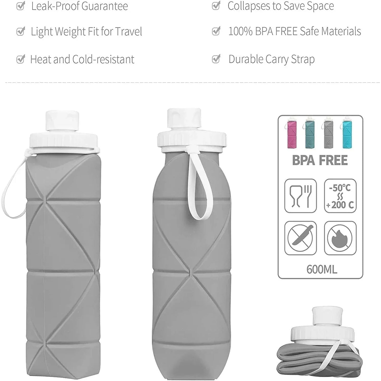 600ML Collapsible Water Bottles Silicone Folding Water Cup Collapsible Water Bottles Travel Gym Camping Hiking Leakproof