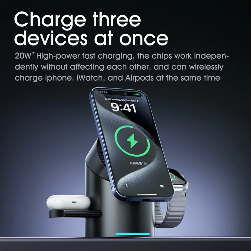 3 in 1 Wireless Charging Station for iPhone16/15/14/13/12 AirPods iWatch for Magsafe Rotation qi2 15W Fast Charging Station