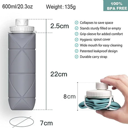 600ML Collapsible Water Bottles Silicone Folding Water Cup Collapsible Water Bottles Travel Gym Camping Hiking Leakproof