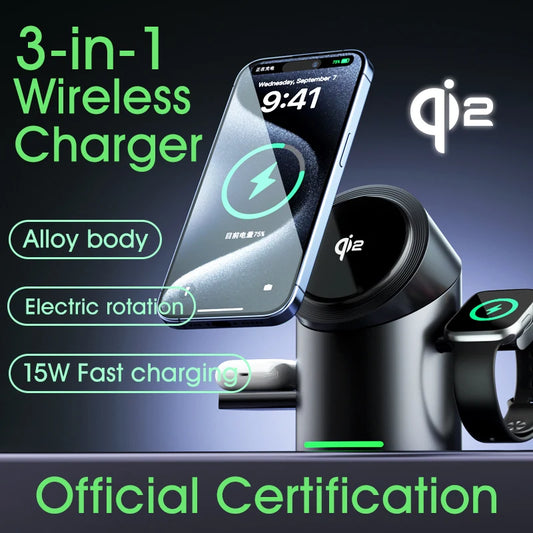 3 in 1 Wireless Charging Station for iPhone16/15/14/13/12 AirPods iWatch for Magsafe Rotation qi2 15W Fast Charging Station