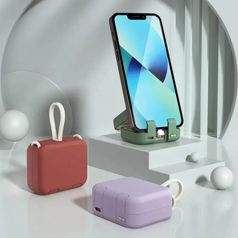 4000mah Battery Pack Phone Holder Mini Power Bank Built-in Dual Cable Foldable Fast Charging Powerbank for All IPhone Android