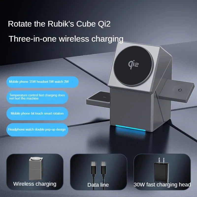 Qi2 Three in One Magnetic Rotating Magic Cube Wireless Charger Suitable for Apple