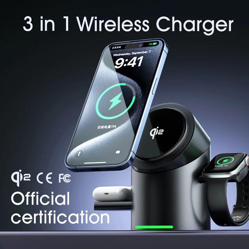 3 in 1 Wireless Charging Station for iPhone16/15/14/13/12 AirPods iWatch for Magsafe Rotation qi2 15W Fast Charging Station